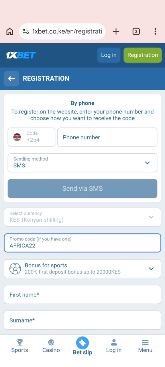 Where to enter 1xBet promo code AFRICA22 during registration