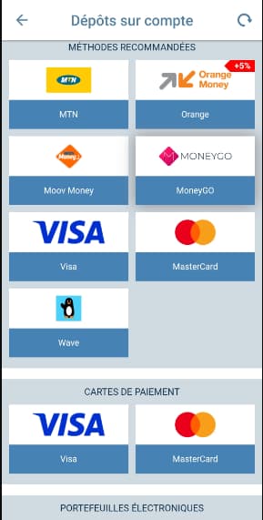 moyens de paiement dépôt 1xBet mobile money cartes crypto