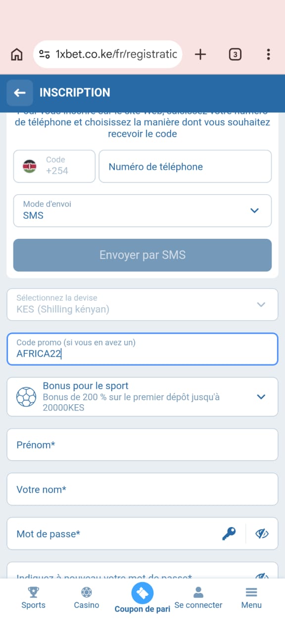 où saisir le code promo 1xBet AFRICA22 lors de l'inscription